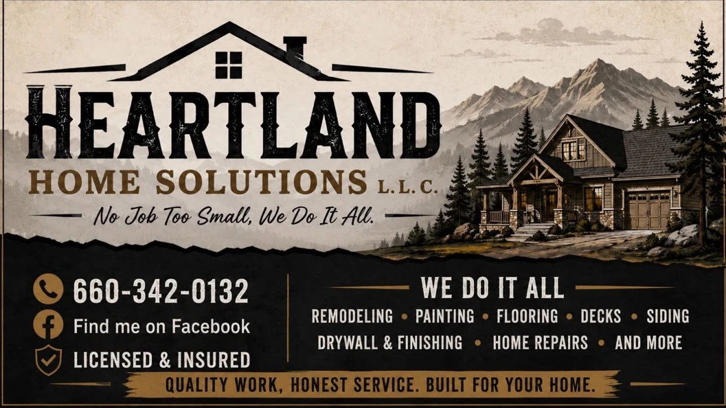 Heartland Home Solutions business banner with the motto No Job Too Small, We Do It All and phone 660-342-0132